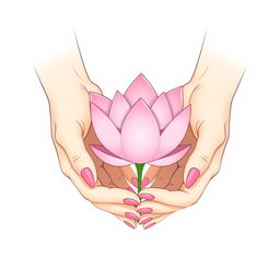 A minimalist vector illustration featuring two delicate hands gently cradling a simple and elegant pink lotus flower