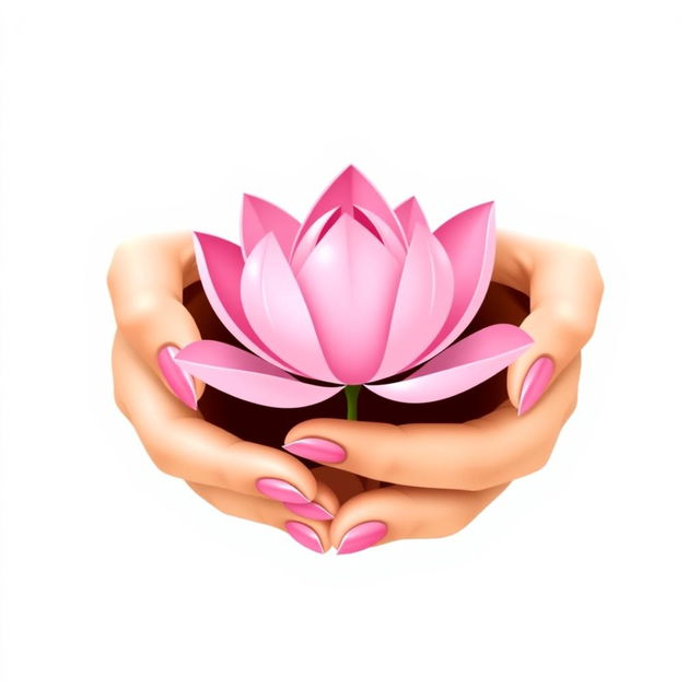 A minimalist vector illustration featuring two delicate hands gently cradling a simple and elegant pink lotus flower