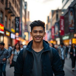 A handsome young man named Fardin, with short black hair, striking dark eyes, and a warm smile, standing in a bustling urban street