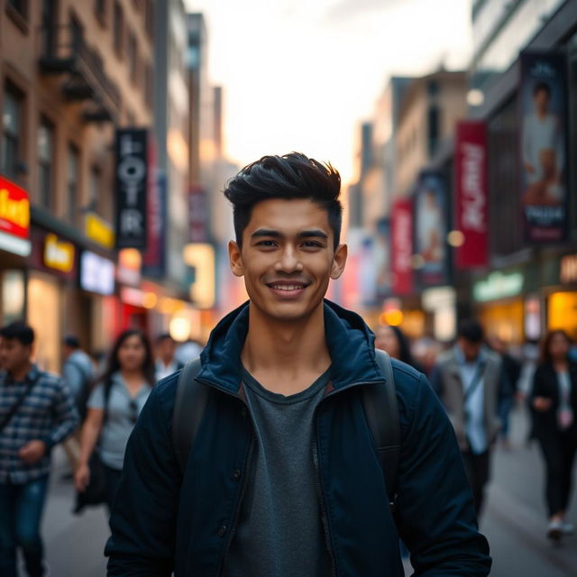 A handsome young man named Fardin, with short black hair, striking dark eyes, and a warm smile, standing in a bustling urban street