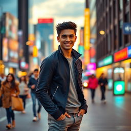 A handsome young man named Fardin, with short black hair, striking dark eyes, and a warm smile, standing in a bustling urban street
