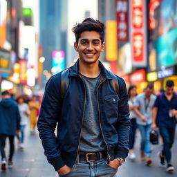 A handsome young man named Fardin, with short black hair, striking dark eyes, and a warm smile, standing in a bustling urban street