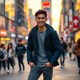 A handsome young man named Fardin, with short black hair, striking dark eyes, and a warm smile, standing in a bustling urban street