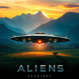 A stunning movie poster featuring an alien spaceship landing on a lush, green landscape