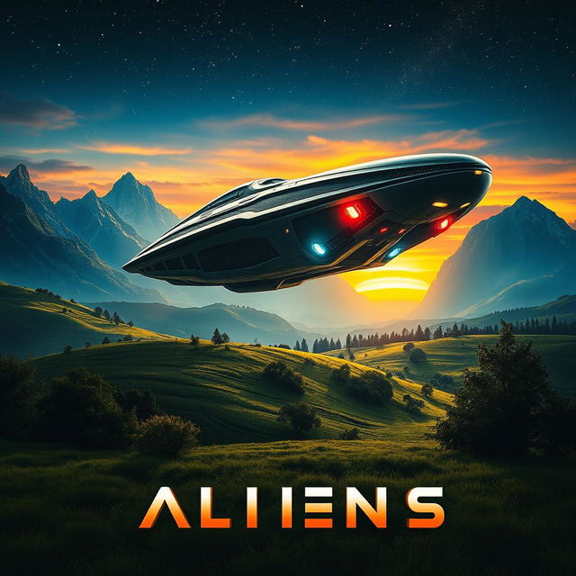 A stunning movie poster featuring an alien spaceship landing on a lush, green landscape