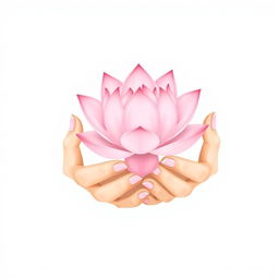 A minimalist illustration featuring two delicate and fine hands gently cradling a beautifully simple pink lotus flower