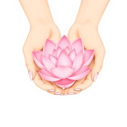 A minimalist illustration featuring two delicate and fine hands gently cradling a beautifully simple pink lotus flower