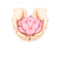 A minimalist illustration featuring two delicate and fine hands gently cradling a beautifully simple pink lotus flower