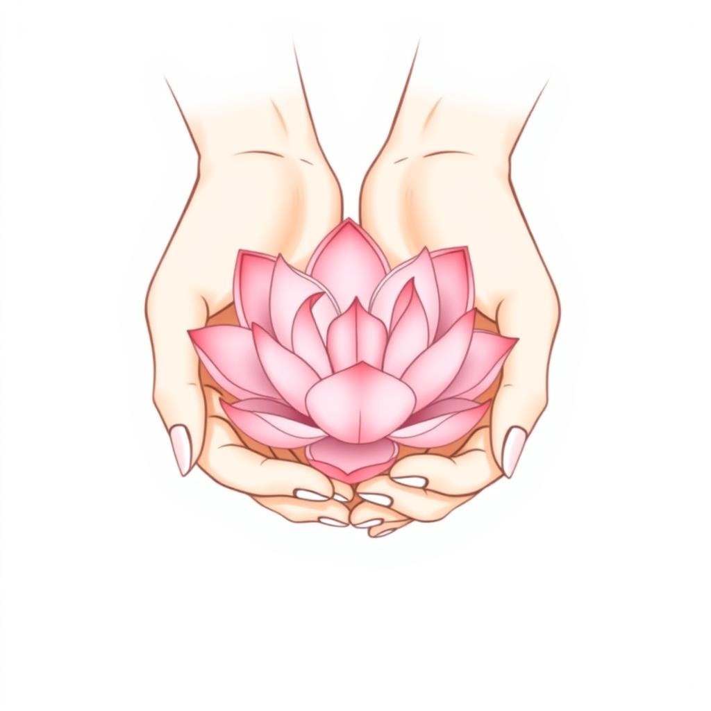 A minimalist illustration featuring two delicate and fine hands gently cradling a beautifully simple pink lotus flower