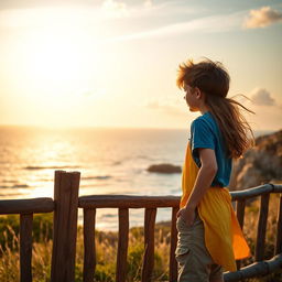 A picturesque scene of a boy and a girl standing on a wooden fence, gazing out at a beautiful sea view