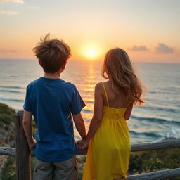 A picturesque scene of a boy and a girl standing on a wooden fence, gazing out at a beautiful sea view