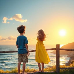 A picturesque scene of a boy and a girl standing on a wooden fence, gazing out at a beautiful sea view