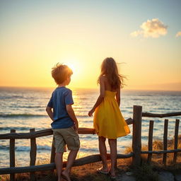A picturesque scene of a boy and a girl standing on a wooden fence, gazing out at a beautiful sea view