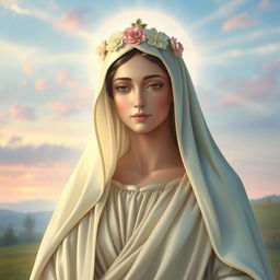 An artistic portrayal of a majestically beautiful Madonna figure, depicting her with serene facial expressions and gentle eyes filled with compassion