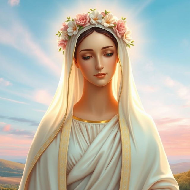 An artistic portrayal of a majestically beautiful Madonna figure, depicting her with serene facial expressions and gentle eyes filled with compassion
