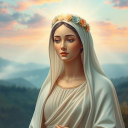 An artistic portrayal of a majestically beautiful Madonna figure, depicting her with serene facial expressions and gentle eyes filled with compassion