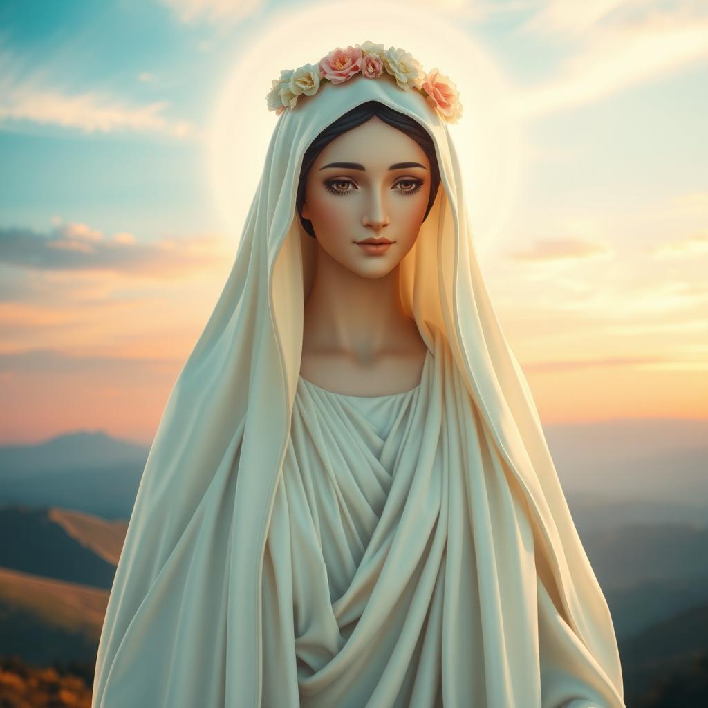 An artistic portrayal of a majestically beautiful Madonna figure, depicting her with serene facial expressions and gentle eyes filled with compassion