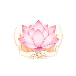 A minimalist illustration showcasing two delicate and finely detailed hands gently cradling a beautifully simple pink lotus flower
