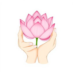 A minimalist illustration showcasing two delicate and finely detailed hands gently cradling a beautifully simple pink lotus flower