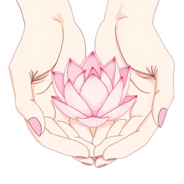 A minimalist illustration showcasing two delicate and finely detailed hands gently cradling a beautifully simple pink lotus flower