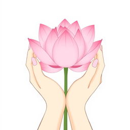 A minimalist illustration showcasing two delicate and finely detailed hands gently cradling a beautifully simple pink lotus flower
