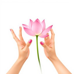 A minimalist vector illustration depicting two delicate hands confidently holding a simple and elegant pink lotus flower