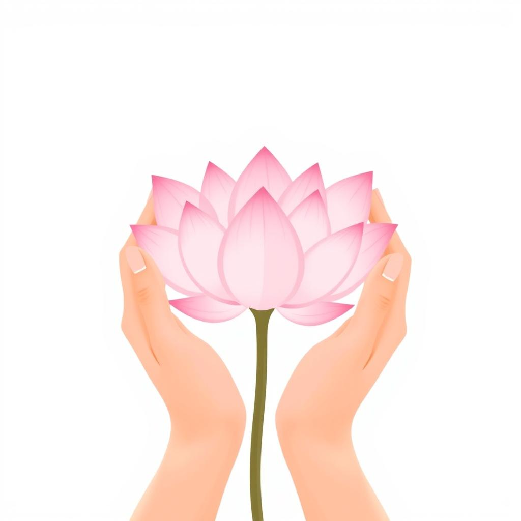 A minimalist illustration depicting two delicate and fine hands confidently holding a beautiful pink lotus flower
