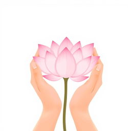 A minimalist illustration depicting two delicate and fine hands confidently holding a beautiful pink lotus flower