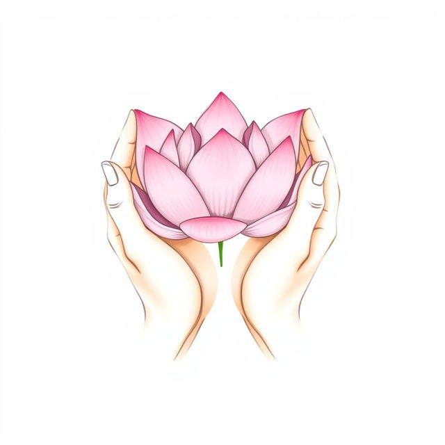 A minimalist illustration depicting two delicate and fine hands confidently holding a beautiful pink lotus flower