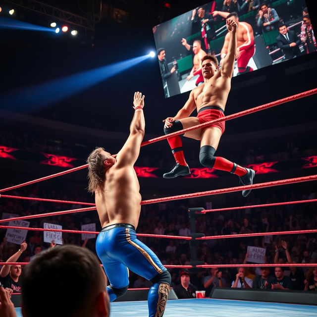 A dramatic and action-packed scene from a professional wrestling event, featuring two muscular wrestlers in the ring under vibrant lights