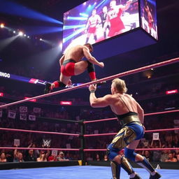 A dramatic and action-packed scene from a professional wrestling event, featuring two muscular wrestlers in the ring under vibrant lights