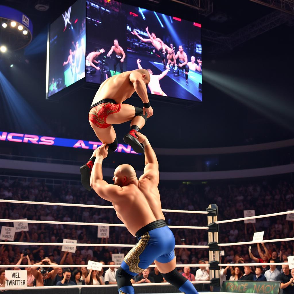 A dramatic and action-packed scene from a professional wrestling event, featuring two muscular wrestlers in the ring under vibrant lights