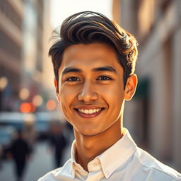 A portrait of a young man named Fardin, with dark hair styled neatly, wearing a crisp white shirt