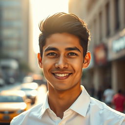 A portrait of a young man named Fardin, with dark hair styled neatly, wearing a crisp white shirt