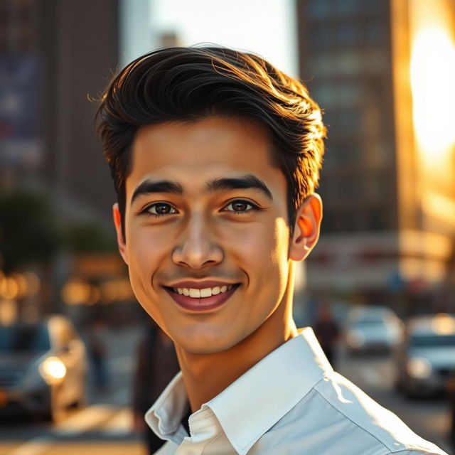 A portrait of a young man named Fardin, with dark hair styled neatly, wearing a crisp white shirt