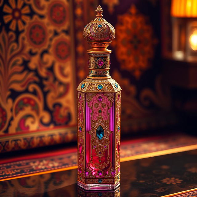 An exquisite Arabic-style perfume bottle, intricately designed with ornate patterns and vibrant colors