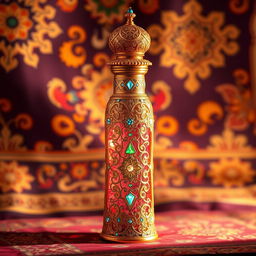 An exquisite Arabic-style perfume bottle, intricately designed with ornate patterns and vibrant colors