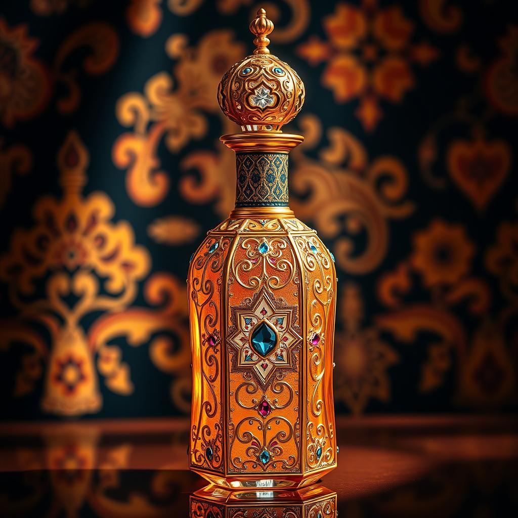 An exquisite Arabic-style perfume bottle, intricately designed with ornate patterns and vibrant colors