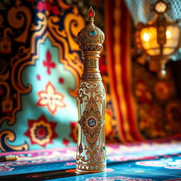 An exquisite Arabic-style perfume bottle, intricately designed with ornate patterns and vibrant colors