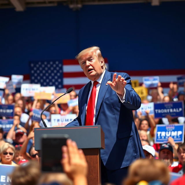 A powerful portrait of Donald Trump, standing confidently at a podium with a red tie and a blue suit, gesturing passionately as he speaks to an enthusiastic crowd