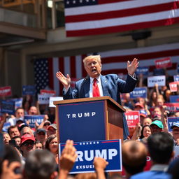 A powerful portrait of Donald Trump, standing confidently at a podium with a red tie and a blue suit, gesturing passionately as he speaks to an enthusiastic crowd
