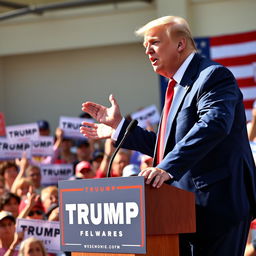 A powerful portrait of Donald Trump, standing confidently at a podium with a red tie and a blue suit, gesturing passionately as he speaks to an enthusiastic crowd