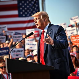 A powerful portrait of Donald Trump, standing confidently at a podium with a red tie and a blue suit, gesturing passionately as he speaks to an enthusiastic crowd