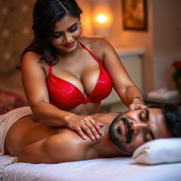An erotic Indian massage scene featuring a confident and attractive woman wearing a bright red bra, glistening with oil, as she provides a sensual massage to a man lying on his back