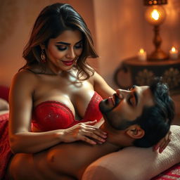 An erotic Indian massage scene featuring a confident and attractive woman wearing a bright red bra, glistening with oil, as she provides a sensual massage to a man lying on his back