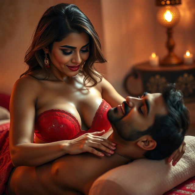 An erotic Indian massage scene featuring a confident and attractive woman wearing a bright red bra, glistening with oil, as she provides a sensual massage to a man lying on his back