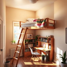 A cozy bedroom featuring a stylish loft bed positioned against a wall, complete with a ladder for easy access