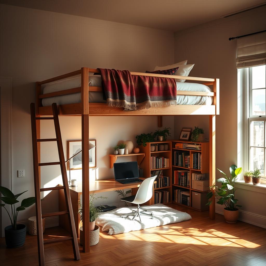 A cozy bedroom featuring a stylish loft bed positioned against a wall, complete with a ladder for easy access