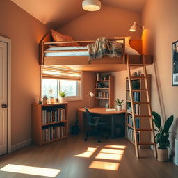 A cozy bedroom featuring a stylish loft bed positioned against a wall, complete with a ladder for easy access