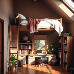 A cozy bedroom featuring a stylish loft bed positioned against a wall, complete with a ladder for easy access